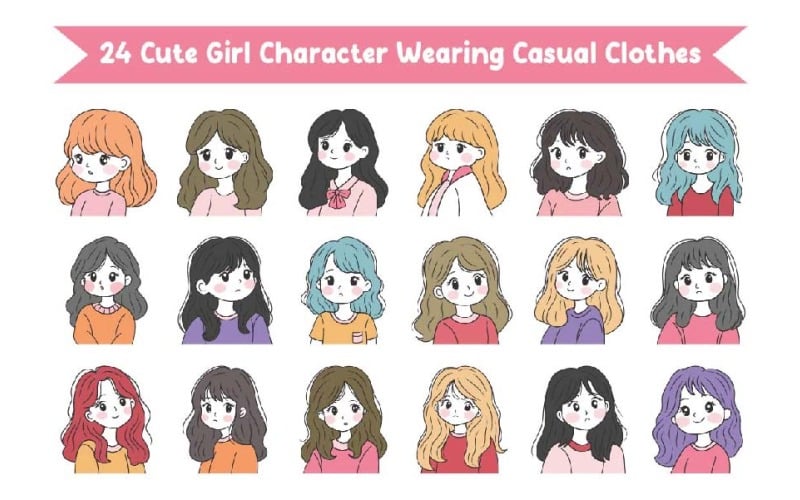 24 Cute Girl Character Wearing Casual Clothes Illustration