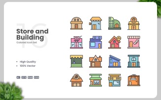 16 Store and Building Colored Icons Set
