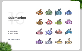 16 Submarine Colored Icons Set