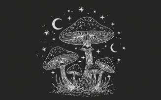 Mushroom and Moon PNG, Mystical Toadstool Night Scene, Celestial Forest Art, Witchy Aesthetic,
