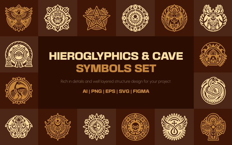 Hieroglyphics and Cave Art Symbols Icon Set