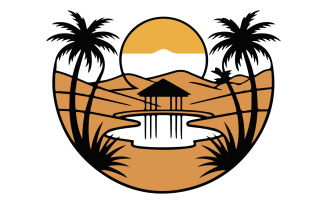 A logo illustration of a desert oasis with palm trees