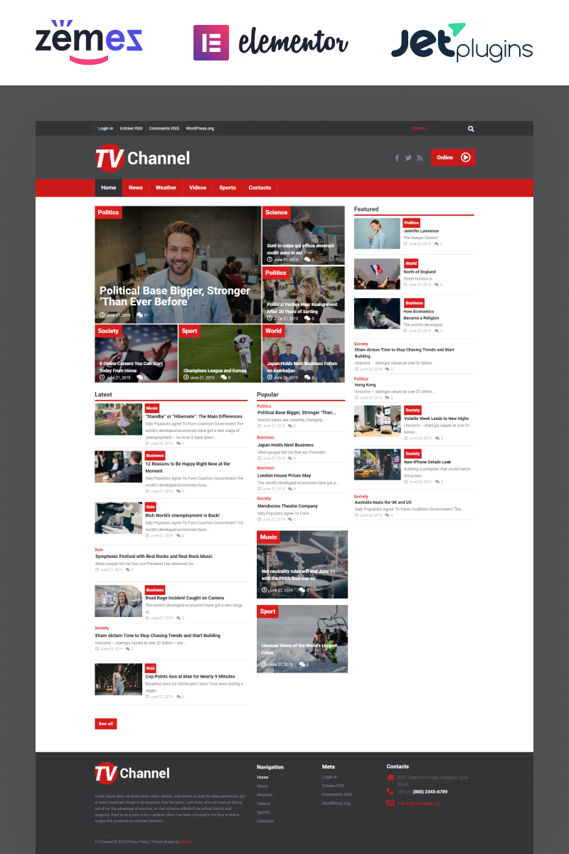 Tema De WordPress "TVChannel - News Portal Modern Elementor" #51867