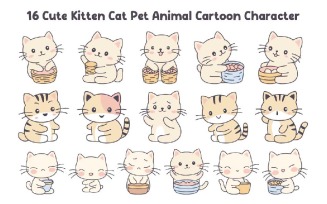16 Cute Kitten Cat Pet Animal Cartoon Character