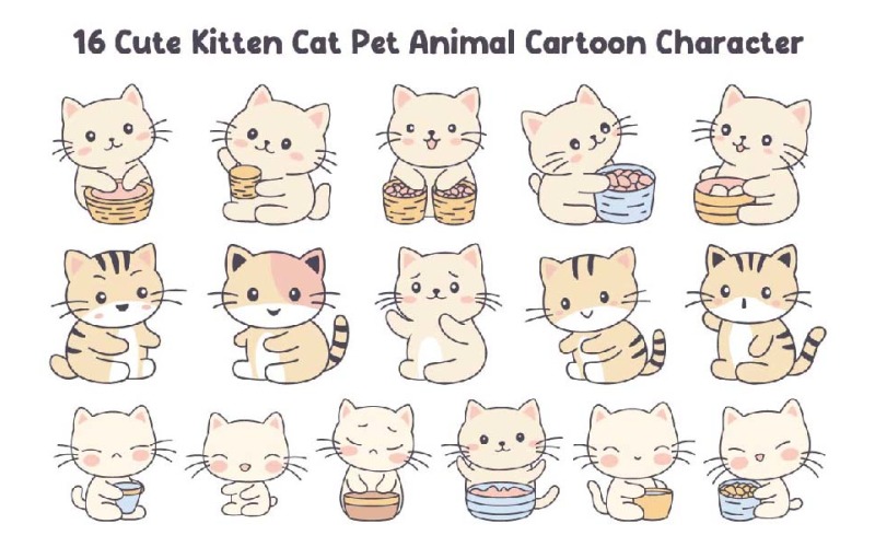 16 Cute Kitten Cat Pet Animal Cartoon Character Illustration