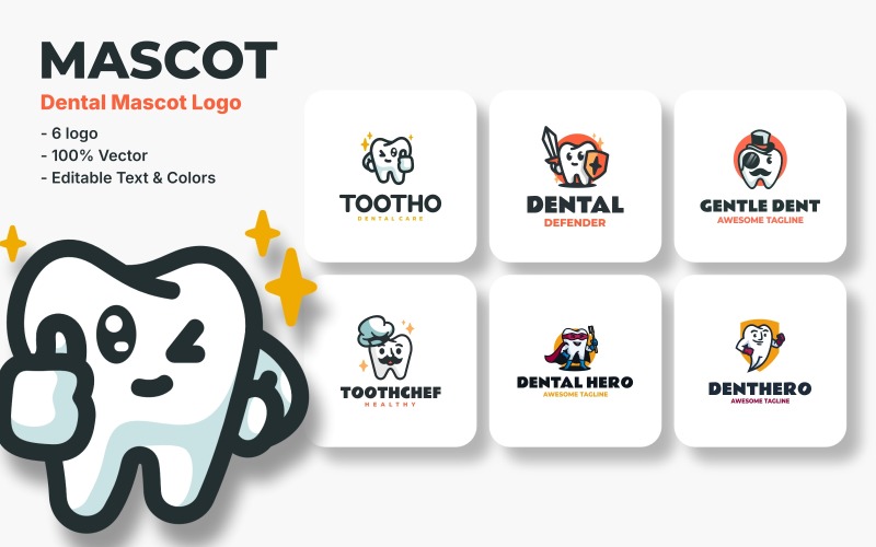 6 Mascot Dental Logos Cute Cartoon Character Set Logo Template