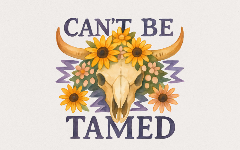 Can't Be Tamed Bull Skull Png, Western Cowgirl Png, Boho Floral Png, Cow Skull Art, Sublimation Illustration