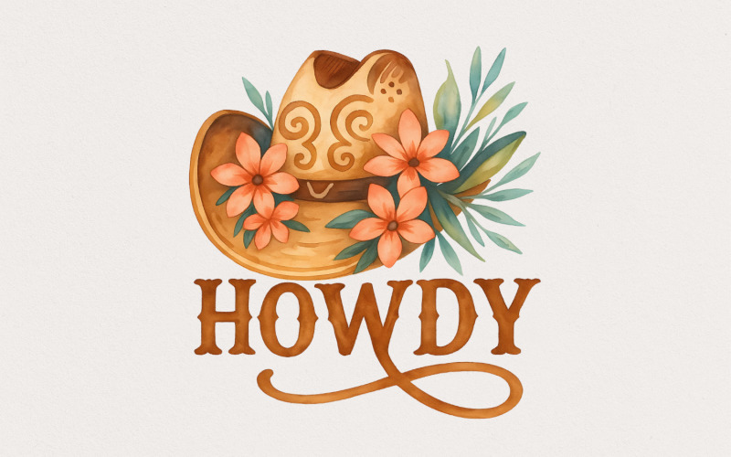 Western Howdy PNG Sublimation Design, Cowboy Hat Flowers, Country Themes, Rodeo Cowgirl PNG, Illustration