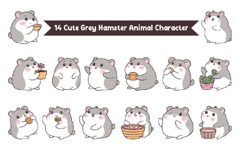 14 Cute Grey Hamster Animal Character Illustration