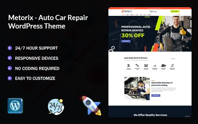 Metorix - Auto Car Repair Parts & Mirrors WordPress Elementor Theme WordPress Theme