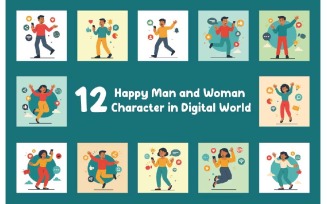 12 Happy Man and Woman Character in Digital World