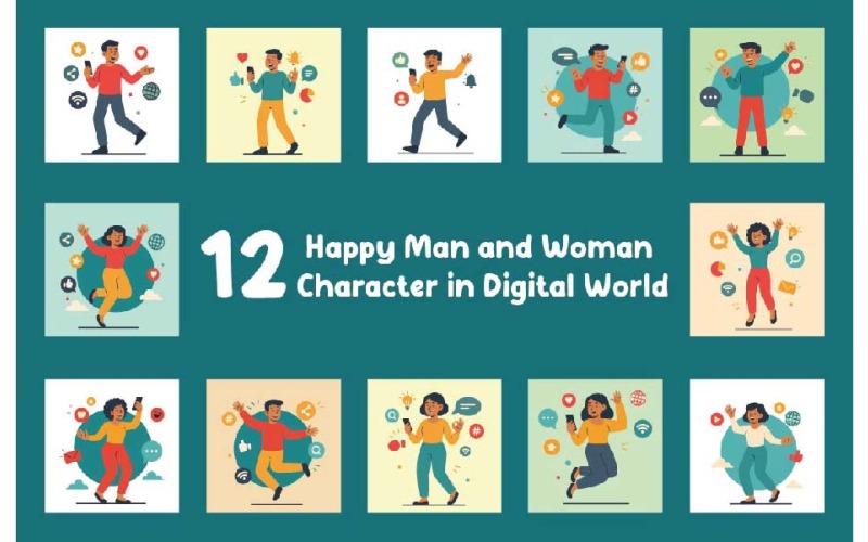 12 Happy Man and Woman Character in Digital World Illustration