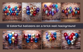 Colorful balloons on a brick wall background