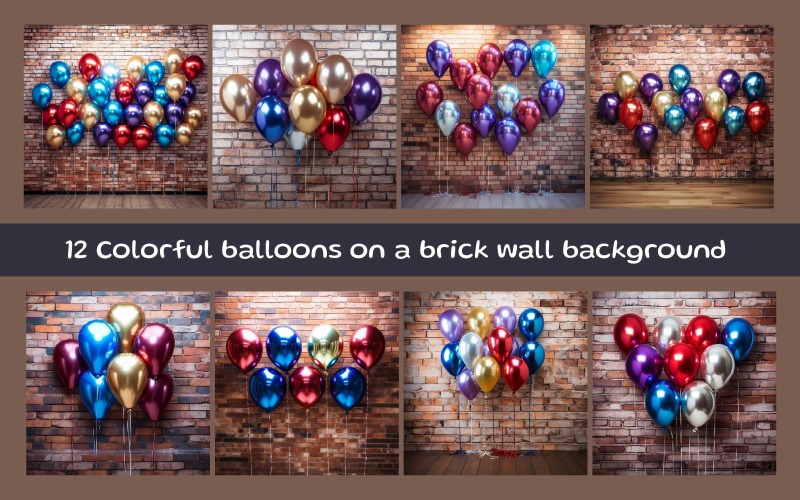 Colorful balloons on a brick wall background Background