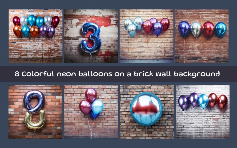 Colorful neon balloons on a brick wall background Background