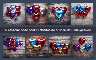 Colorful neon heart balloons on a brick wall background