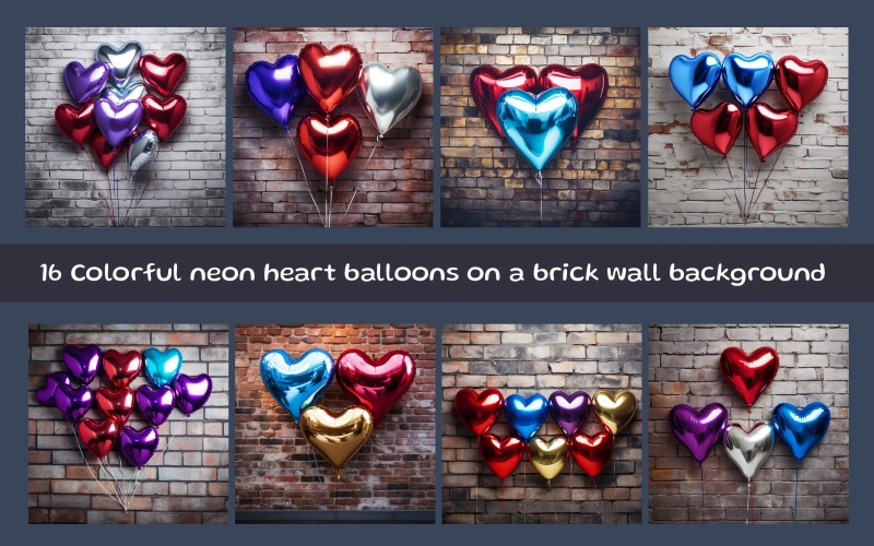 Colorful neon heart balloons on a brick wall background Background