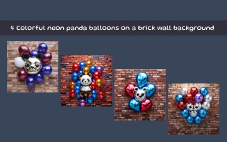 Colorful neon panda balloons on a brick wall background