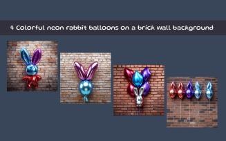 Colorful neon rabbit balloons on a brick wall background