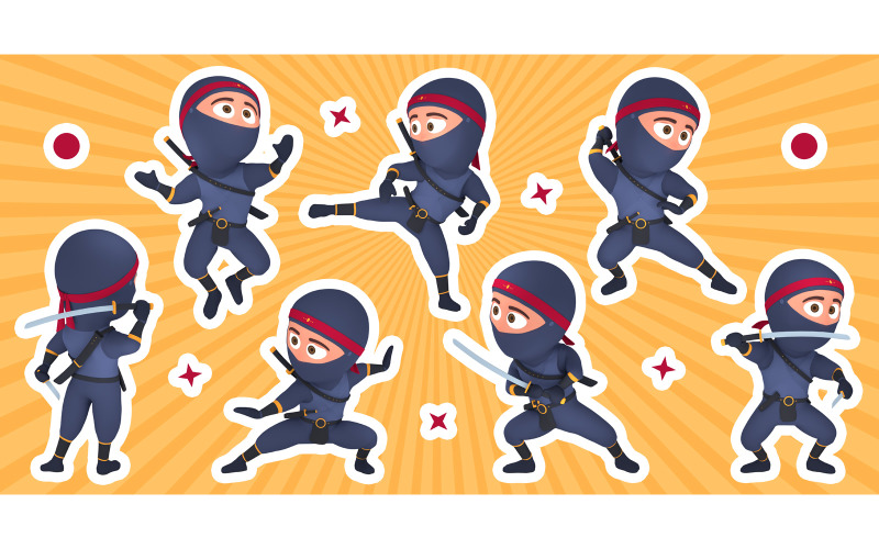 The Ninja Mascot Stickers In Poses Illustration