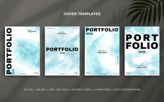 Portfolio cover template with Pastel soft Blue and white watercolor brush stroke effects