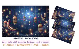 Rose gold to navy with hanging lanterns and crescent sparkles