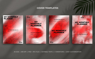 Monthly Planner Cover Template Set in A4 – Dark Red Watercolor Brush Design