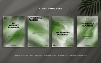 Weekly Planner Editable Cover Templates with Dark Green Watercolor Brush Effect and Minimal Design
