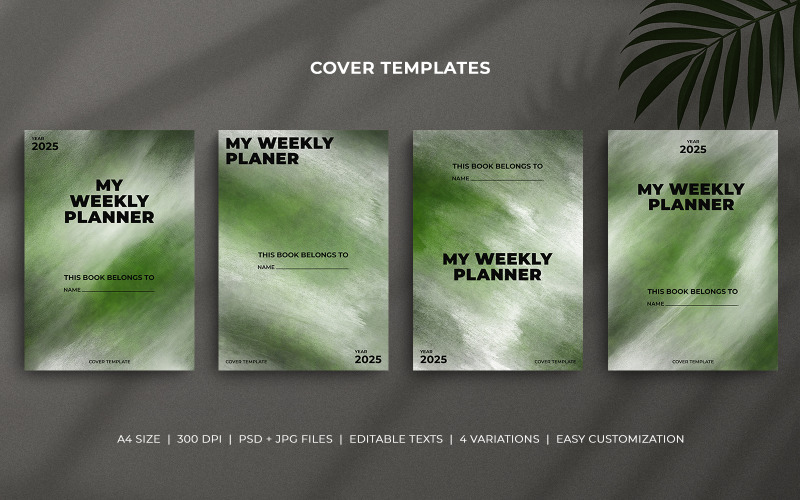 Weekly Planner Editable Cover Templates with Dark Green Watercolor Brush Effect and Minimal Design Corporate Identity