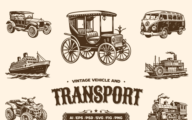 Vintage Transport and Vehicle Icon Set Illustration