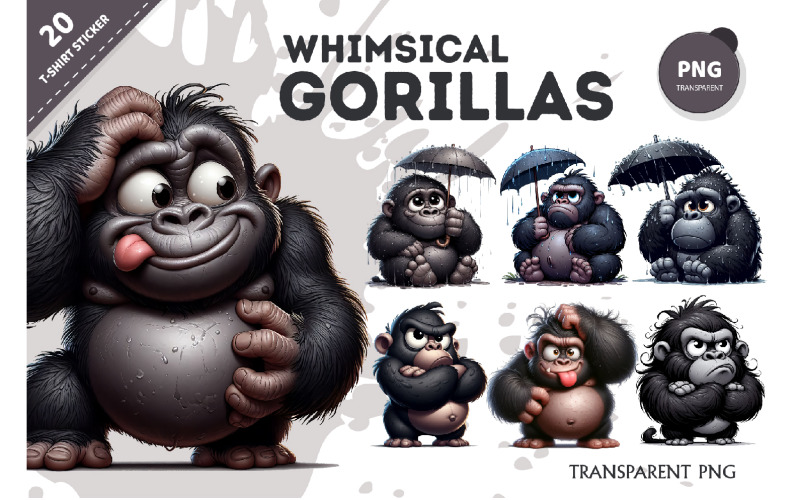 Whimsical cartoon gorillas. T-Shirt, PNG. Illustration