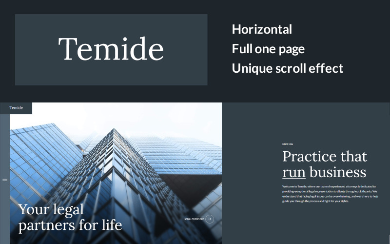 Temide - Attorney Legal Law Firm Unique Horizontal Scroll Full Screen HTML5 Landing Page Template