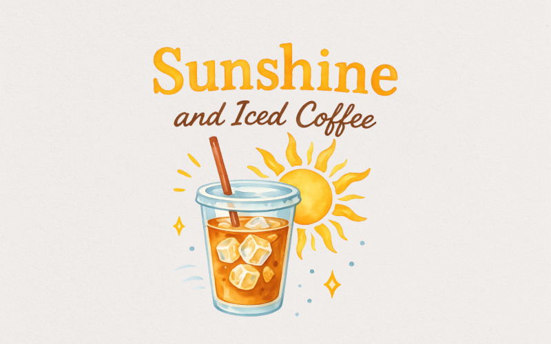 Sunshine & Iced Coffee png, Digital Download, Instant Summer T-Shirt Designs, Printable Coffee Illustration
