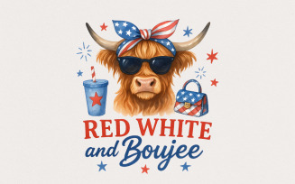 Fourth of July Highland Cow PNG, Patriotic America Sublimation Design, Red White Blue Memorial Day