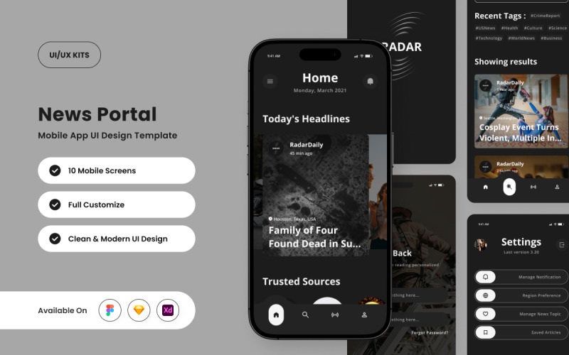 Radar - News Portal Mobile App Design Template UI Element