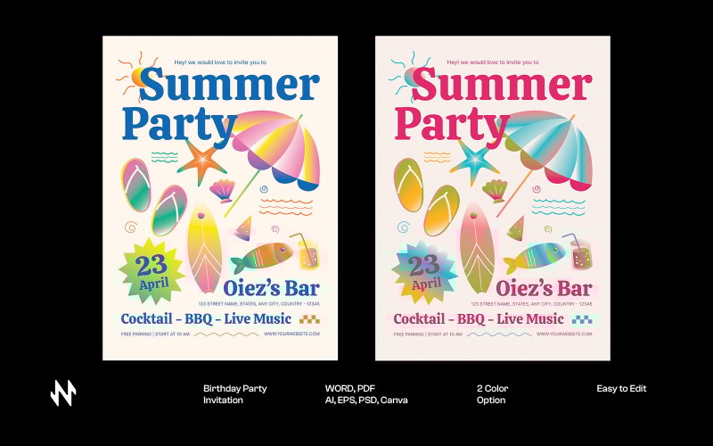 Blue and Red Summer Party Invitation Corporate Identity