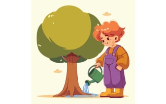 Child Watering a Tree (flat design)