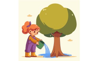 Child Watering Tree Illustration