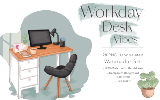 Watercolor Work Desk Vibes Icon Set