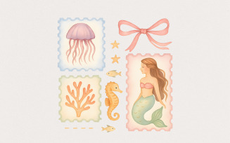 Pastel Mermaid and Sea Animals PNG, Beach Clipart, Under the Sea Ocean Art, Cute Whimsical Seahorse