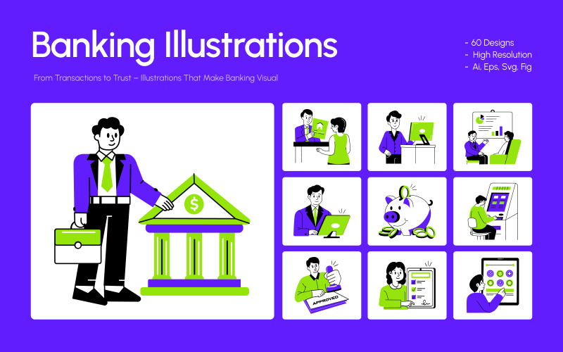 Bank and Banking Illustration Art Icon Set