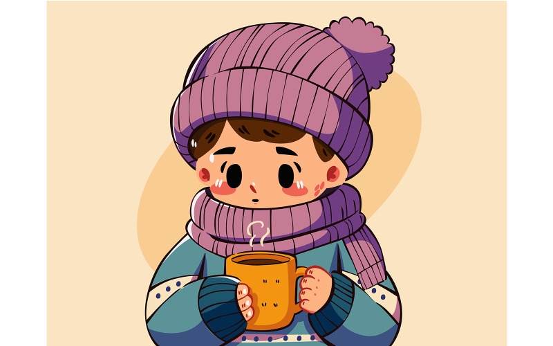 Cute Child in Winter Clothing Holding a Mug Illustration