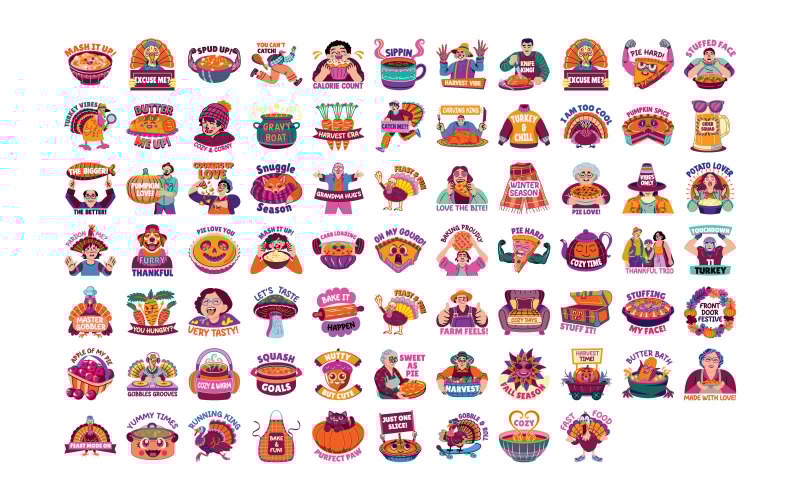 Cute Thanksgiving Illustrations | Pumpkin Pie, Turkey, Leaves | Instant Download