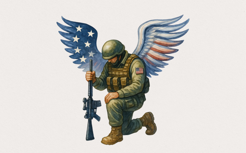 American Soldier Angel Man Praying PNG, USA Flag, Patriotic Art, Veteran Gift, America Proud, 4th Illustration
