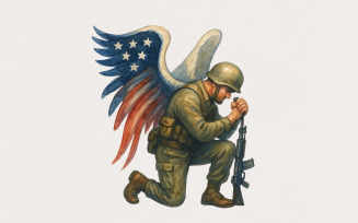 American Soldier Angel Man Praying, USA Flag PNG, 4th of July Digital Art, Veteran Gift Clipart,