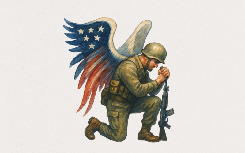 American Soldier Angel Man Praying, USA Flag PNG, 4th of July Digital Art, Veteran Gift Clipart, Illustration
