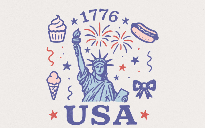 Retro USA Coquette PNG, Preppy 4th of July PNG, Girly Patriotic Memorial Day PNG, Vintage Illustration