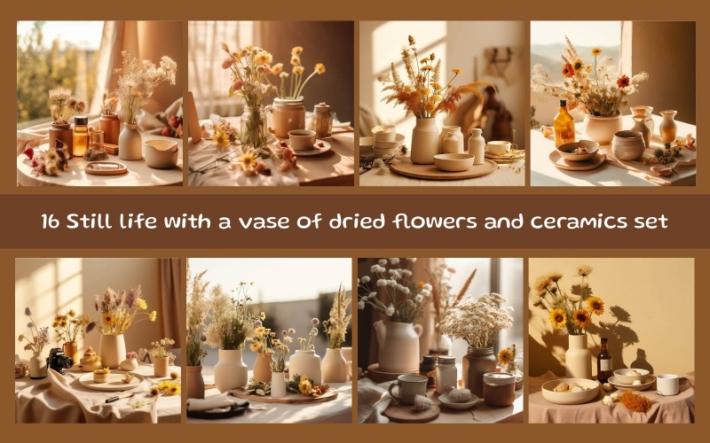 Still life with a vase of dried flowers and ceramics set Illustration