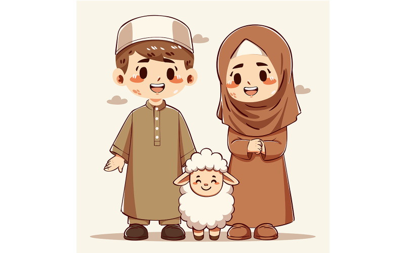 Eid Adha Illustration of Muslim Family with Sheep