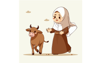 Eid Adha with Character, Icon Muslim Girl with Cow
